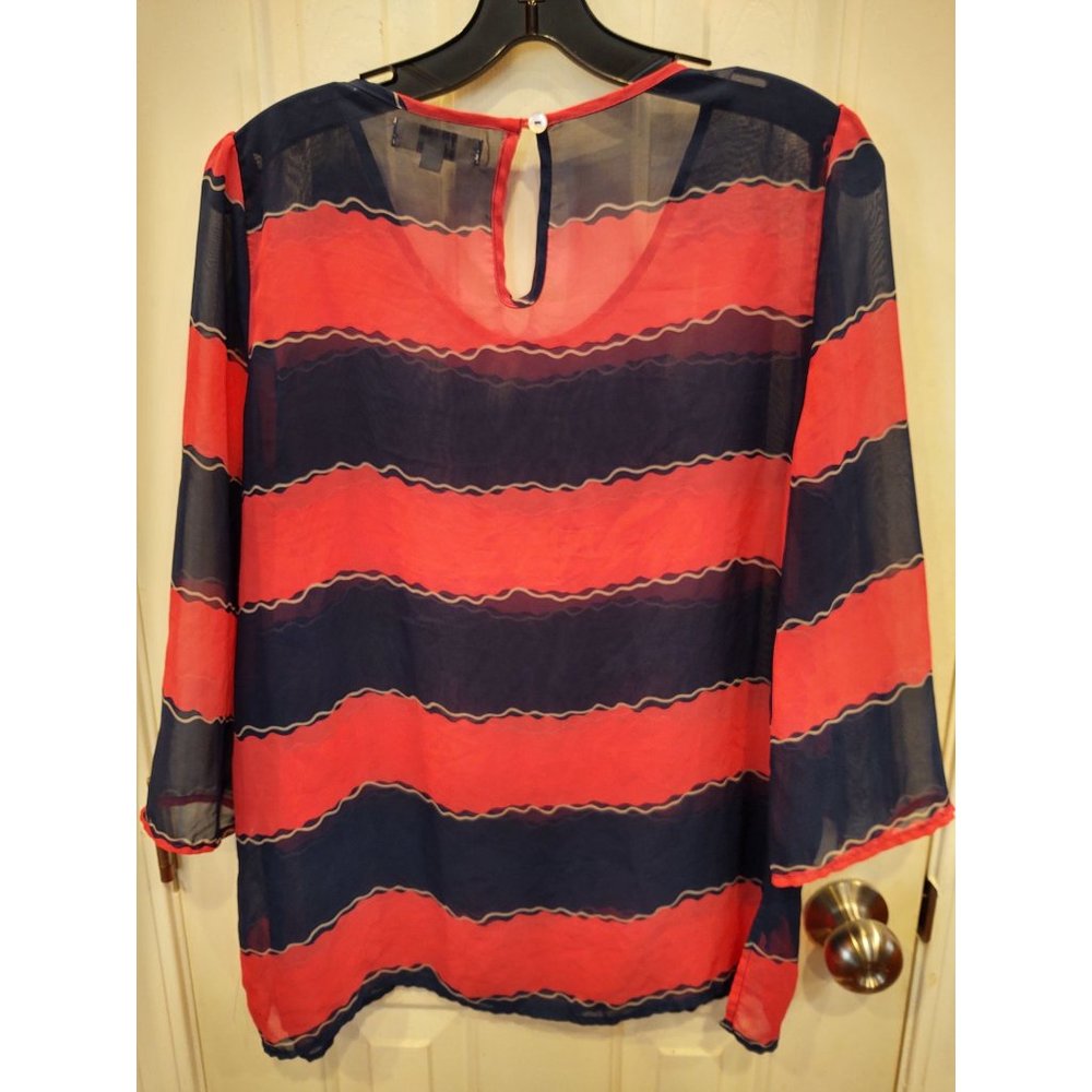 Umgee USA Womens L Top Chiffon Sheer Blouse Blue Pink 3/4 Sleeves Striped - Picture 2 of 5